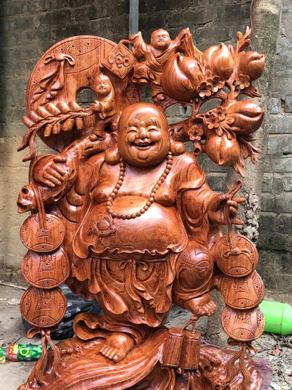 Tượng Gỗ Di Lặc  Đào Đứng Trên Hoa Sen