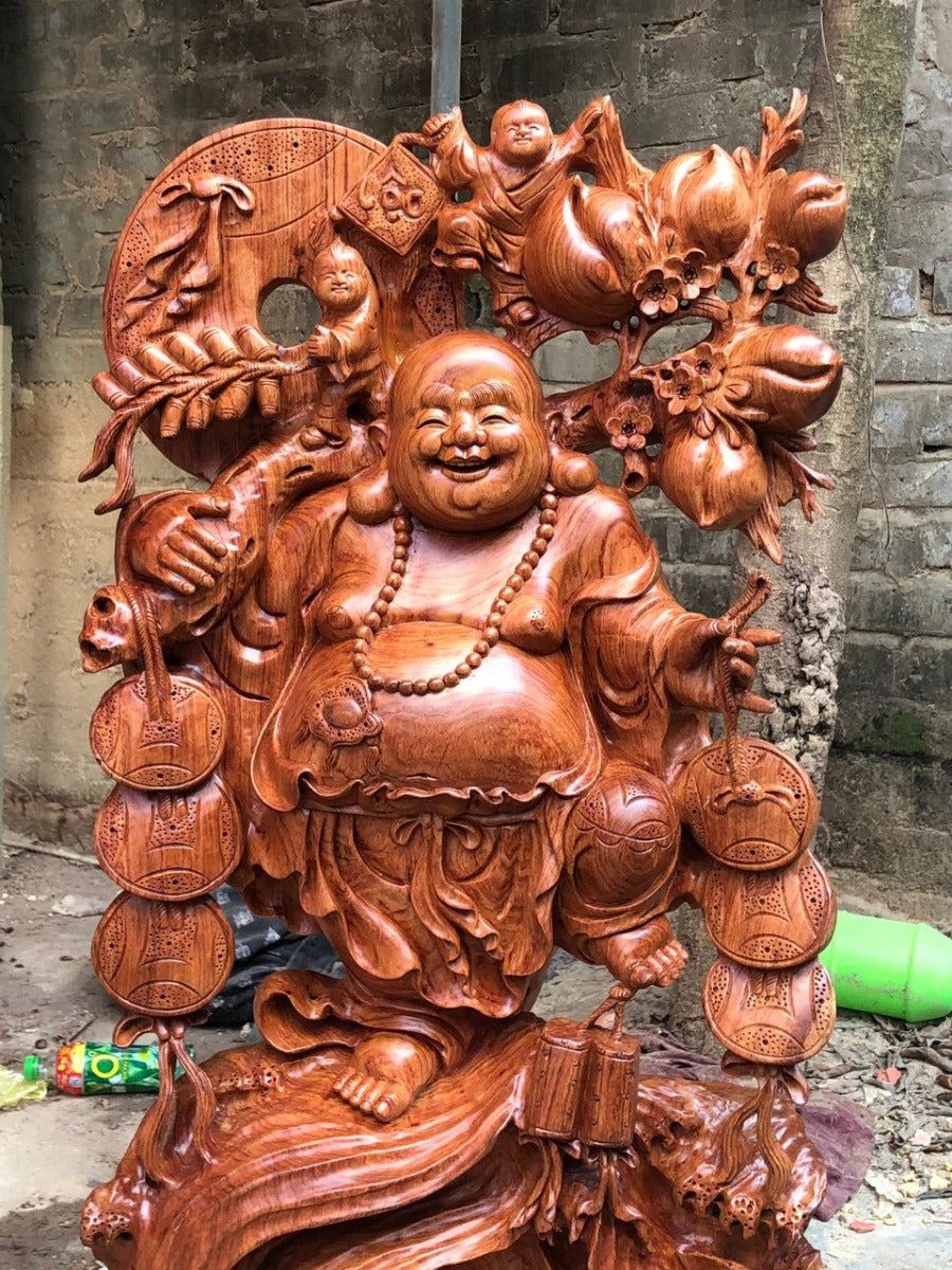 Tượng Gỗ Di Lặc  Đào Đứng Trên Hoa Sen