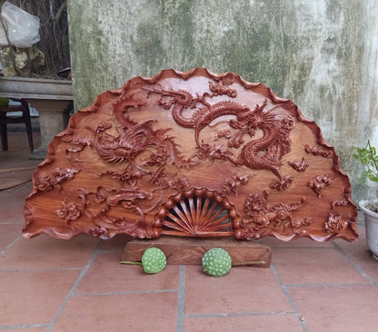 Tranh Quạt Gỗ Tứ Linh - Long, Lân, Quy, Phụng