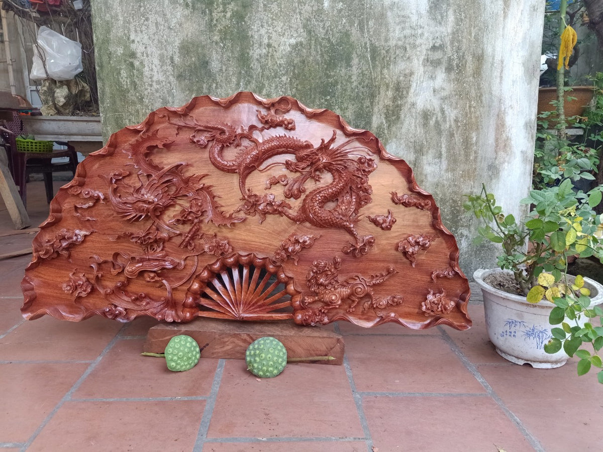 Tranh Quạt Gỗ Tứ Linh - Long, Lân, Quy, Phụng