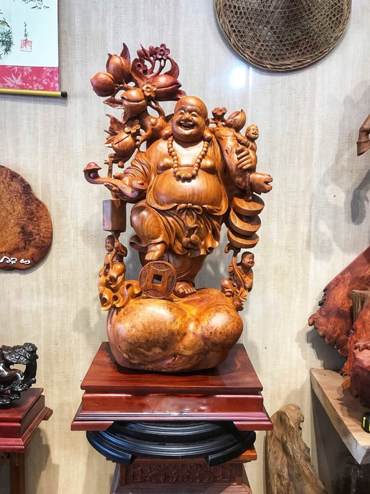Di lặc Đứng Bao Tiền Gỗ Nu Hương Cao 90