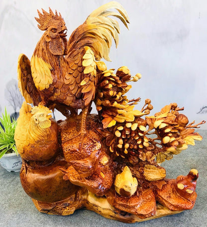 Tượng Con Gà - Gia đình gà gỗ hương ta