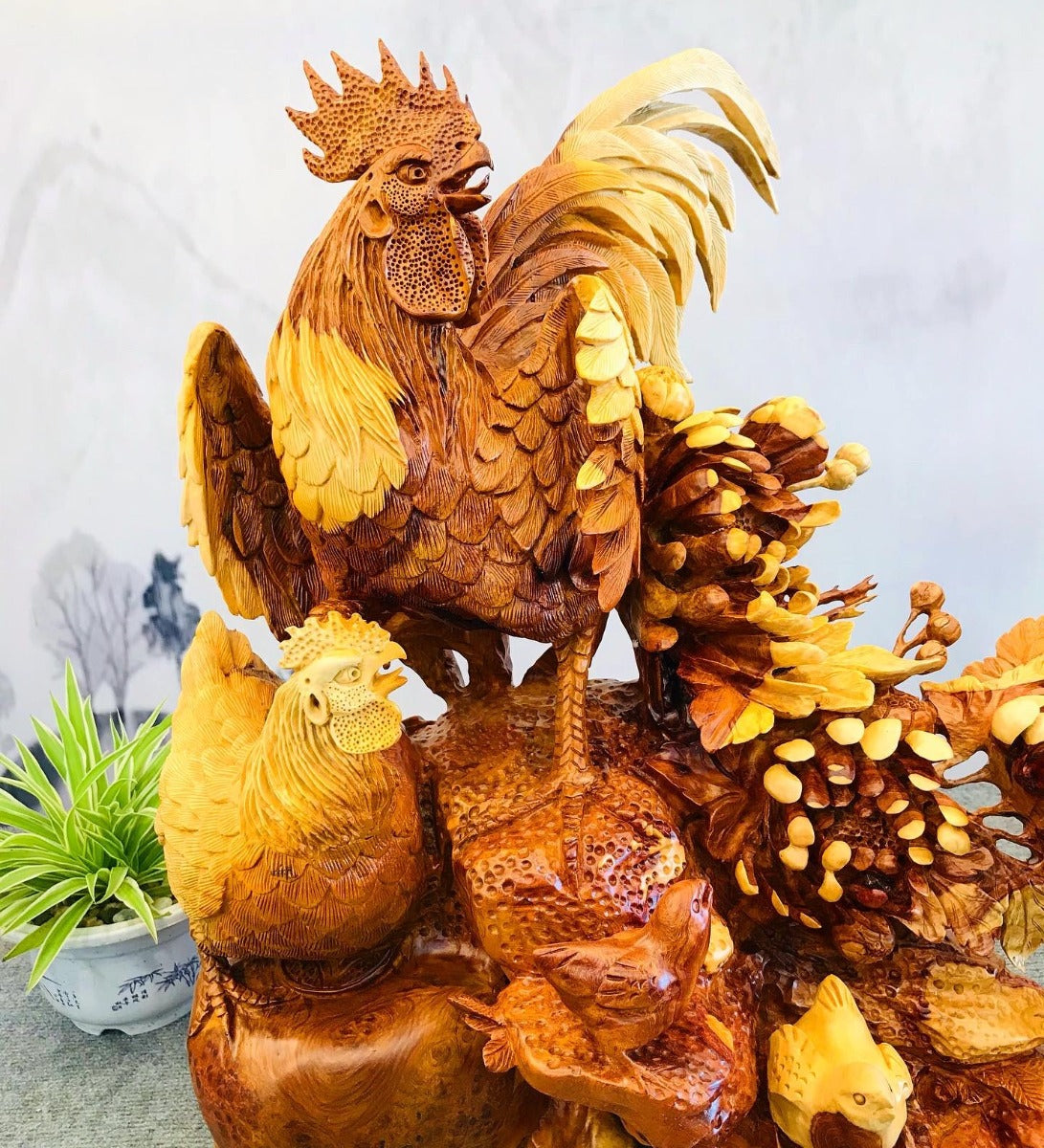 Tượng Con Gà - Gia đình gà gỗ hương ta