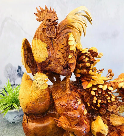 Tượng Con Gà - Gia đình gà gỗ hương ta