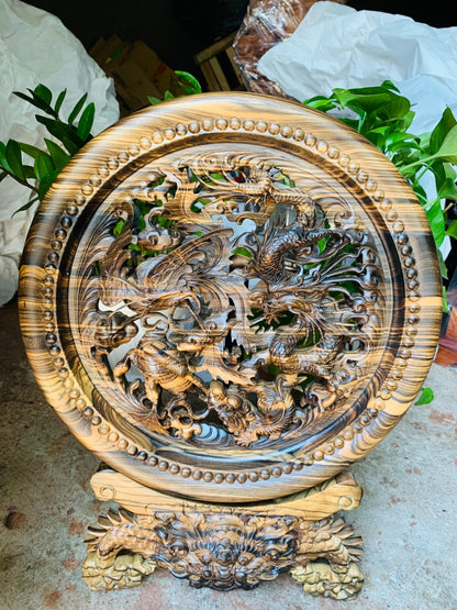 Đĩa Gỗ Tứ Linh Hội Tụ Gỗ Mun