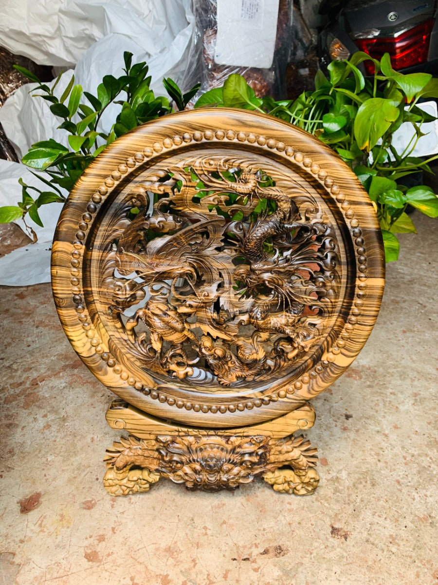 Đĩa Gỗ Tứ Linh Hội Tụ Gỗ Mun