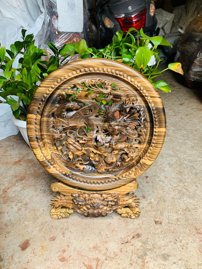 Đĩa Gỗ Tứ Linh Hội Tụ Gỗ Mun