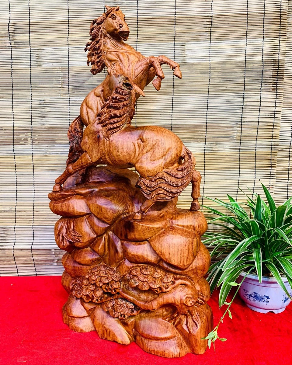 Tượng Song mã Uyên ương gỗ hương đá