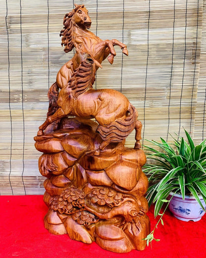 Tượng Song mã Uyên ương gỗ hương đá