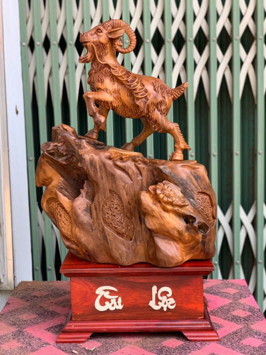 Tượng Dê Núi Tài Lộc Gỗ Ngọc Am Liền Khối