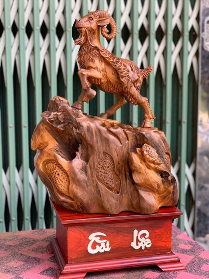 Tượng Dê Núi Tài Lộc Gỗ Ngọc Am Liền Khối