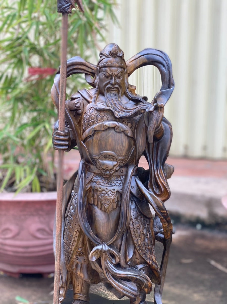 Quan Công - Quan Vân Trường Đứng Vuốt Râu Gỗ Mun Lào