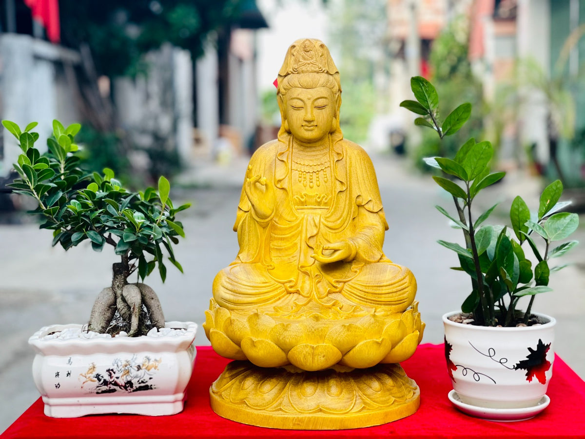 Tượng Quan Âm Tọa Đài Sen Gỗ Gõ Vàng Cao 50cm