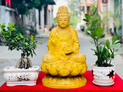 Tượng Quan Âm Tọa Đài Sen Gỗ Gõ Vàng Cao 50cm