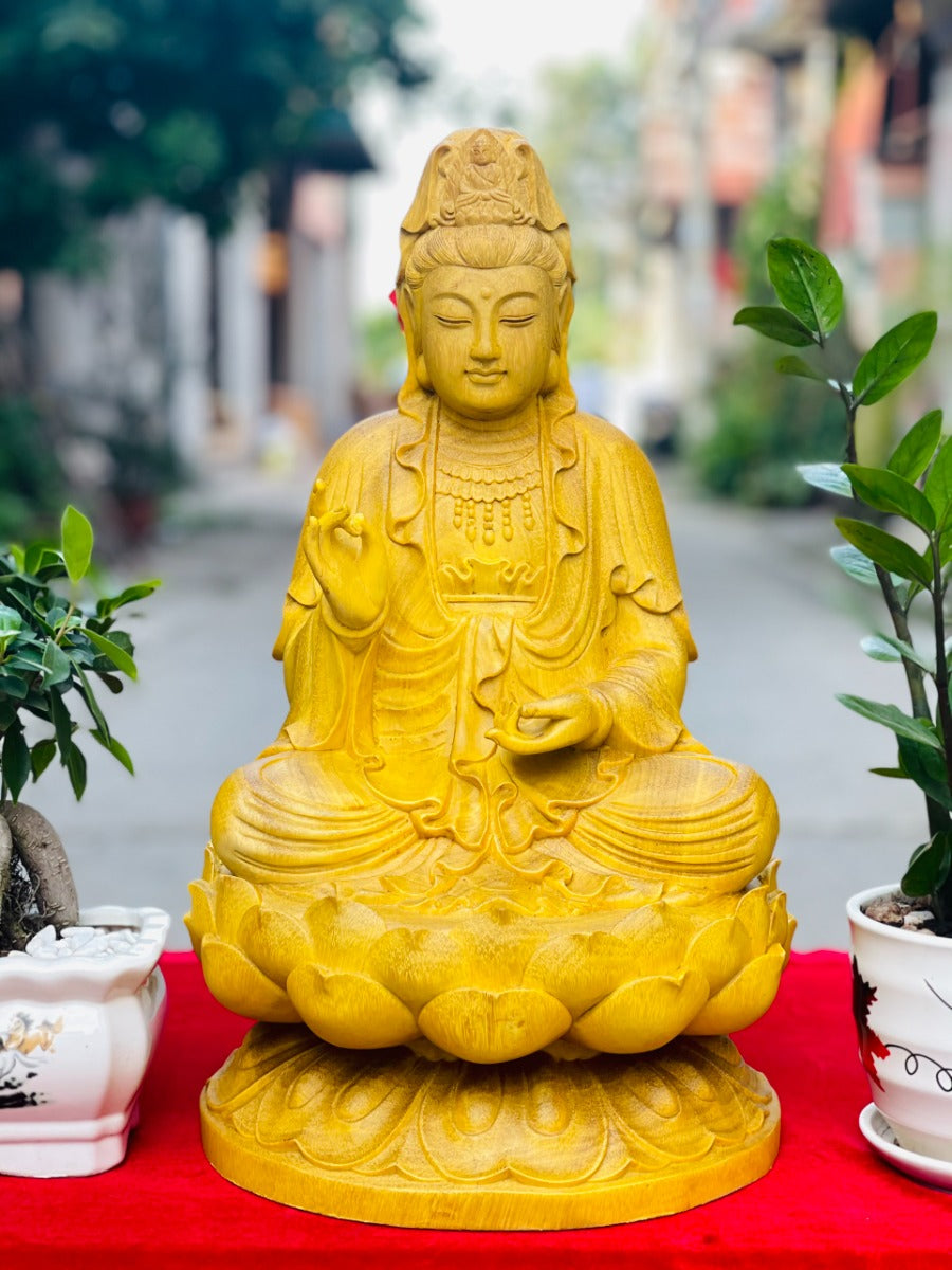 Tượng Quan Âm Tọa Đài Sen Gỗ Gõ Vàng Cao 50cm