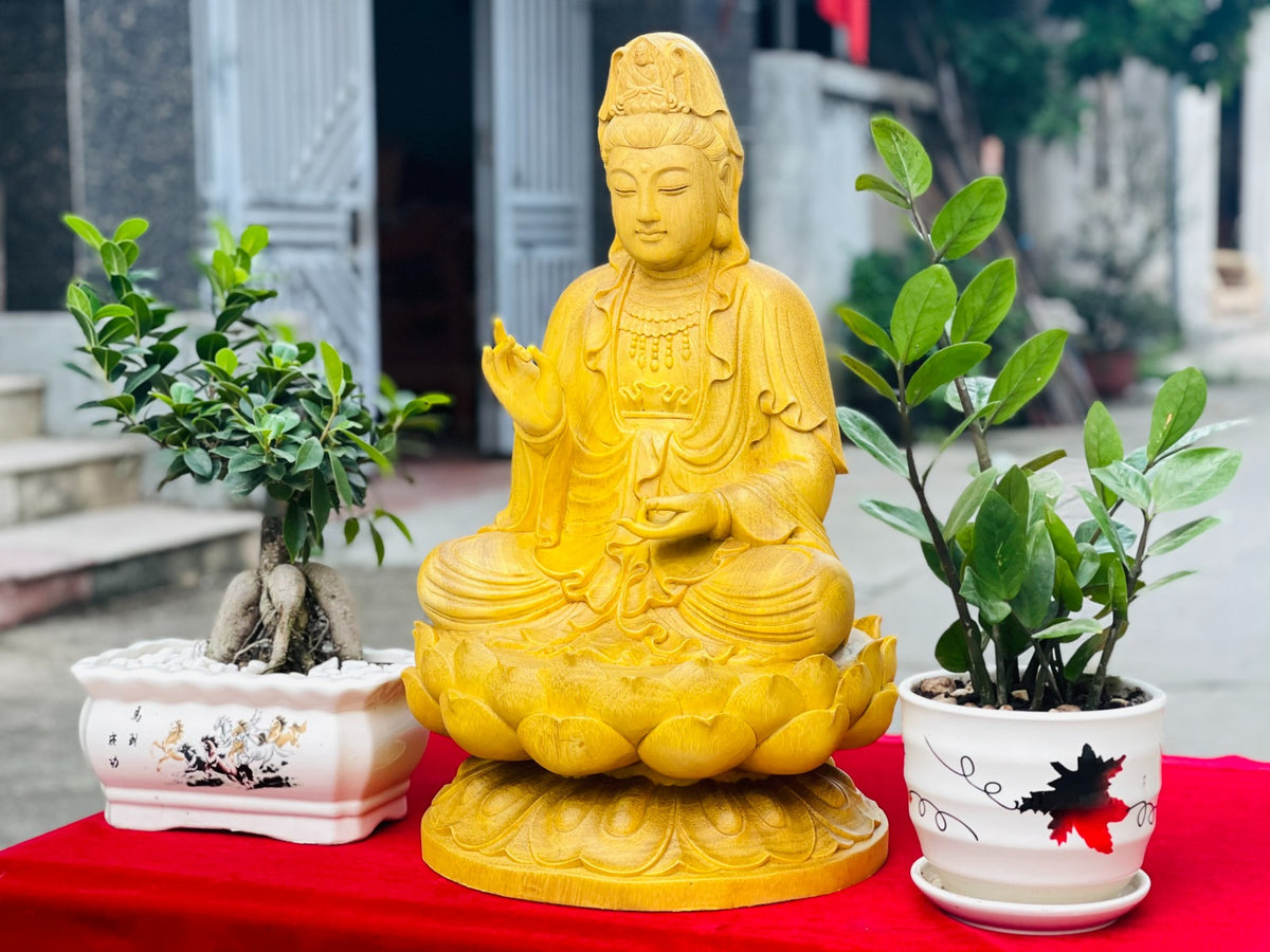Tượng Quan Âm Tọa Đài Sen Gỗ Gõ Vàng Cao 50cm