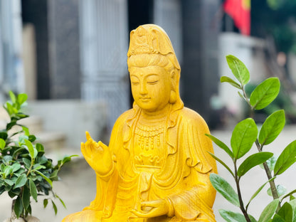 Tượng Quan Âm Tọa Đài Sen Gỗ Gõ Vàng Cao 50cm
