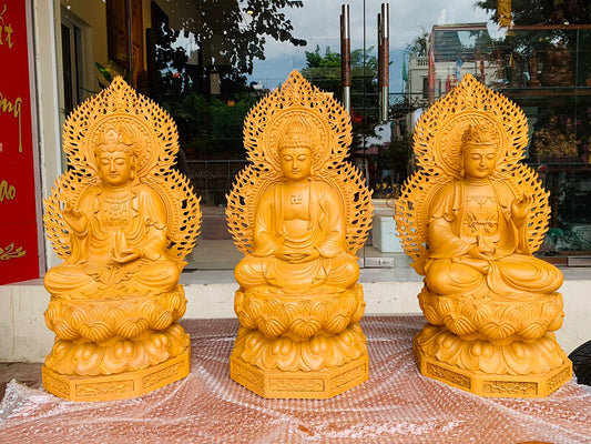 Tây Phương Tam Thánh Ngồi Đài Sen Cao 50 Gỗ Pơ Mu