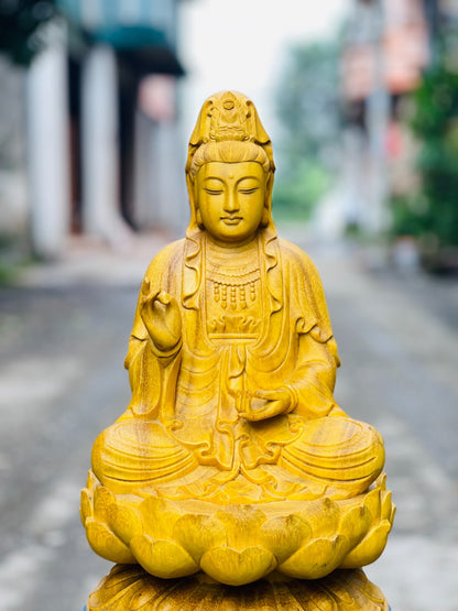 Tượng Quan Âm Tọa Đài Sen Gỗ Gõ Vàng Cao 40cm
