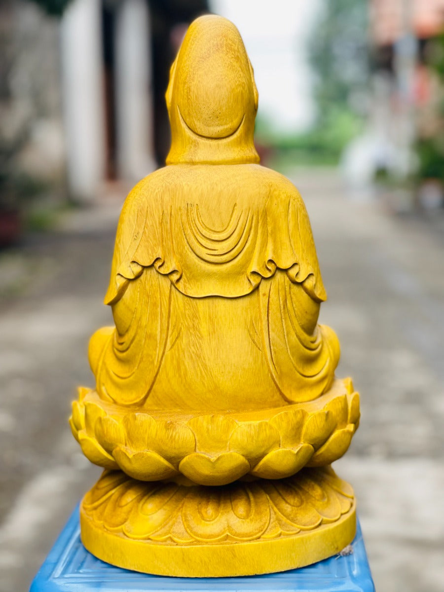 Tượng Quan Âm Tọa Đài Sen Gỗ Gõ Vàng Cao 40cm
