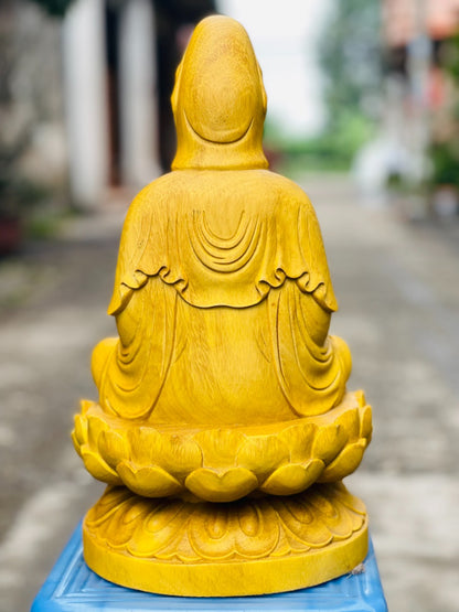 Tượng Quan Âm Tọa Đài Sen Gỗ Gõ Vàng Cao 40cm