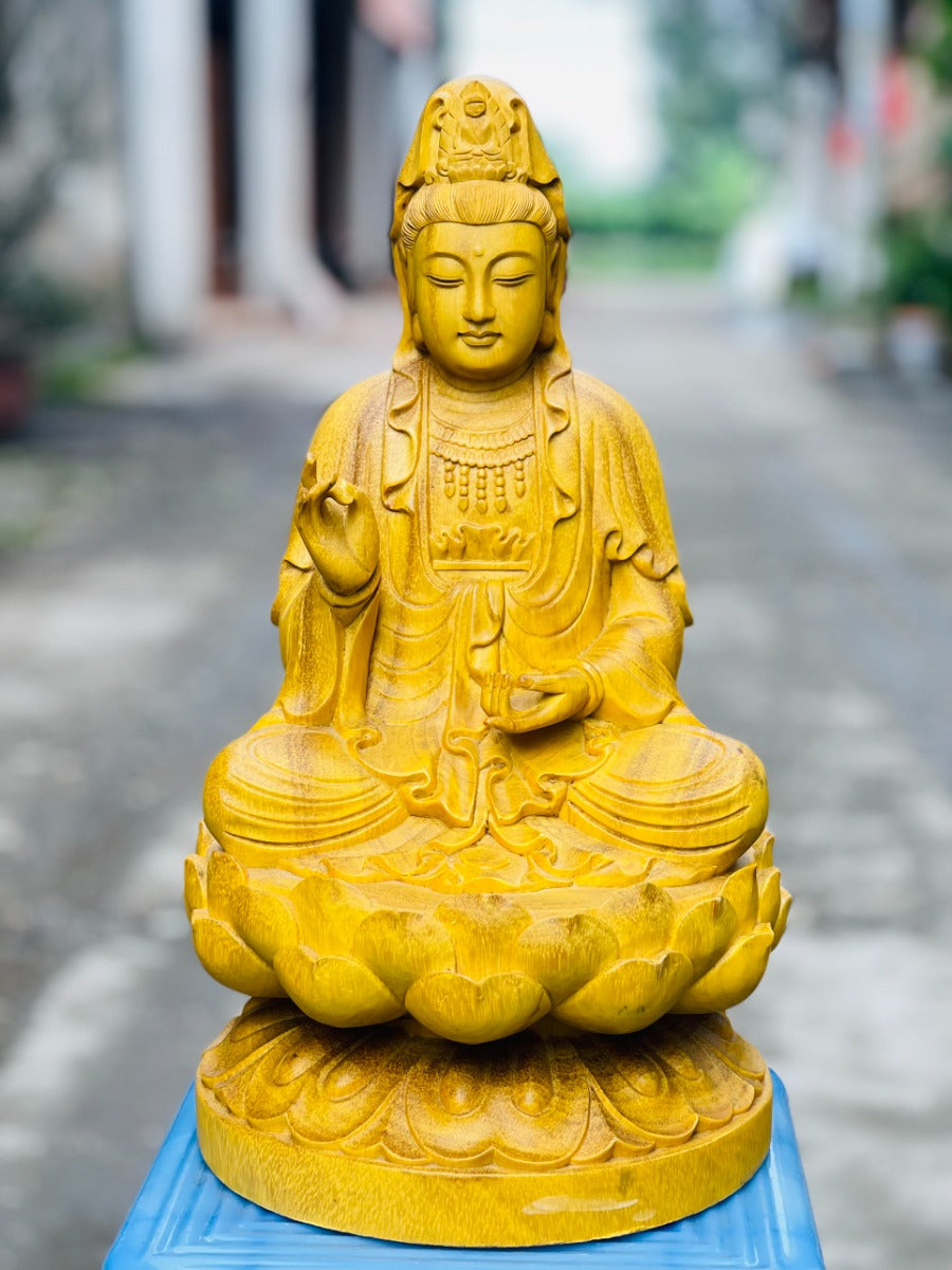 Tượng Quan Âm Tọa Đài Sen Gỗ Gõ Vàng Cao 40cm