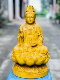 Tượng Quan Âm Tọa Đài Sen Gỗ Gõ Vàng Cao 40cm