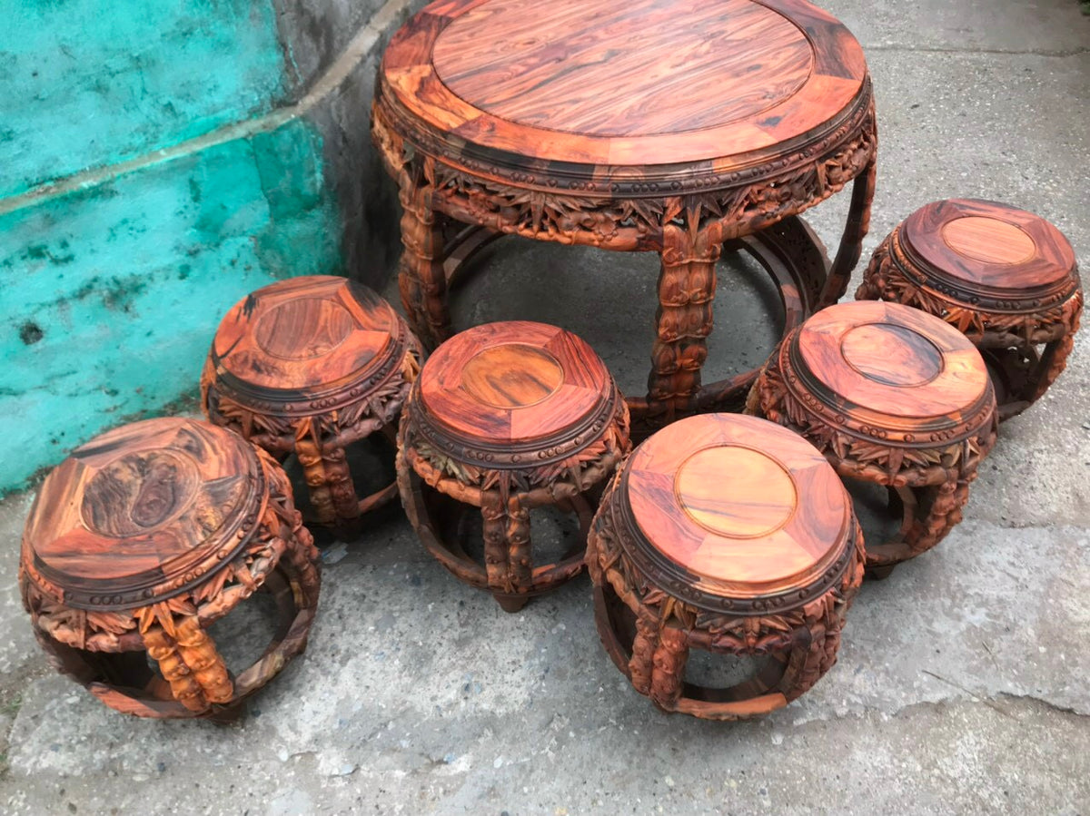 Bộ Trúc Bàn Tròn  Gỗ Trắc Lào 6 Đôn Bộ Bàn Uống Trà Cao Cấp