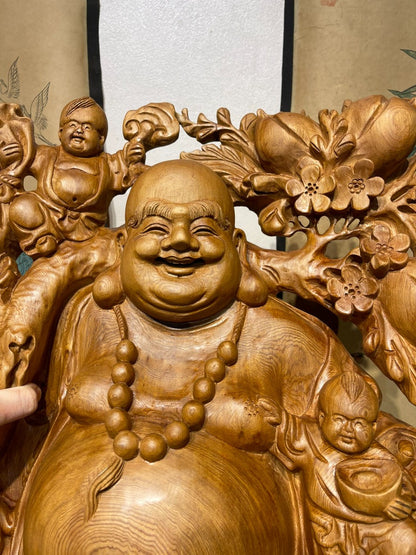 Di Lặc Đứng Nghê  Ngũ Phúc Gỗ Ngọc Am Liền Khối