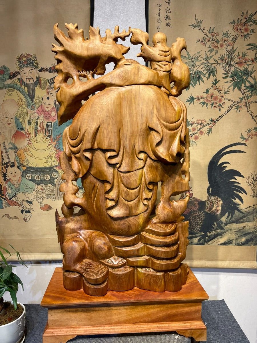Di Lặc Đứng Nghê  Ngũ Phúc Gỗ Ngọc Am Liền Khối