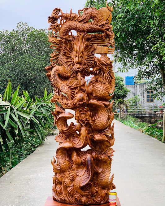 Cửu Ngư Hóa Rồng - Gỗ Ngọc Am Cao 190cm