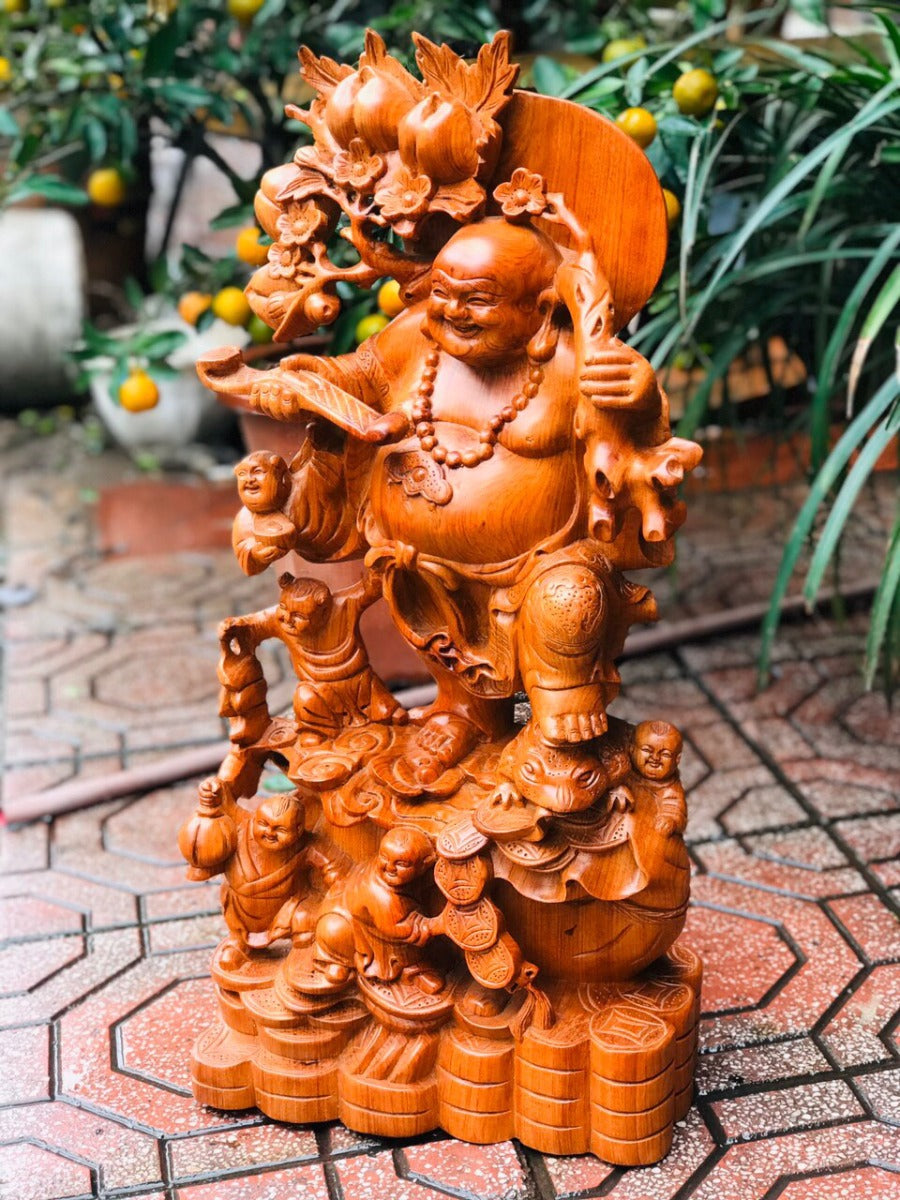 Di Lặc Ngũ Phúc Gánh Đào Gỗ Hương Đá