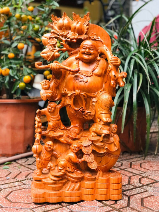 Di Lặc Ngũ Phúc Gánh Đào Gỗ Hương Đá