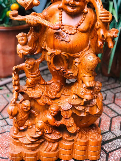 Di Lặc Ngũ Phúc Gánh Đào Gỗ Hương Đá
