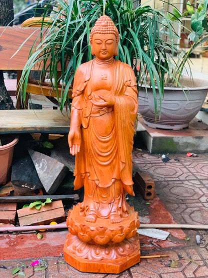 Phật A Di Đà Đứng Đài Sen Cao 1m Gỗ Hương
