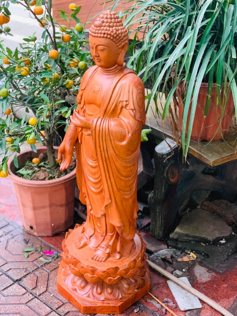 Phật A Di Đà Đứng Đài Sen Cao 1m Gỗ Hương
