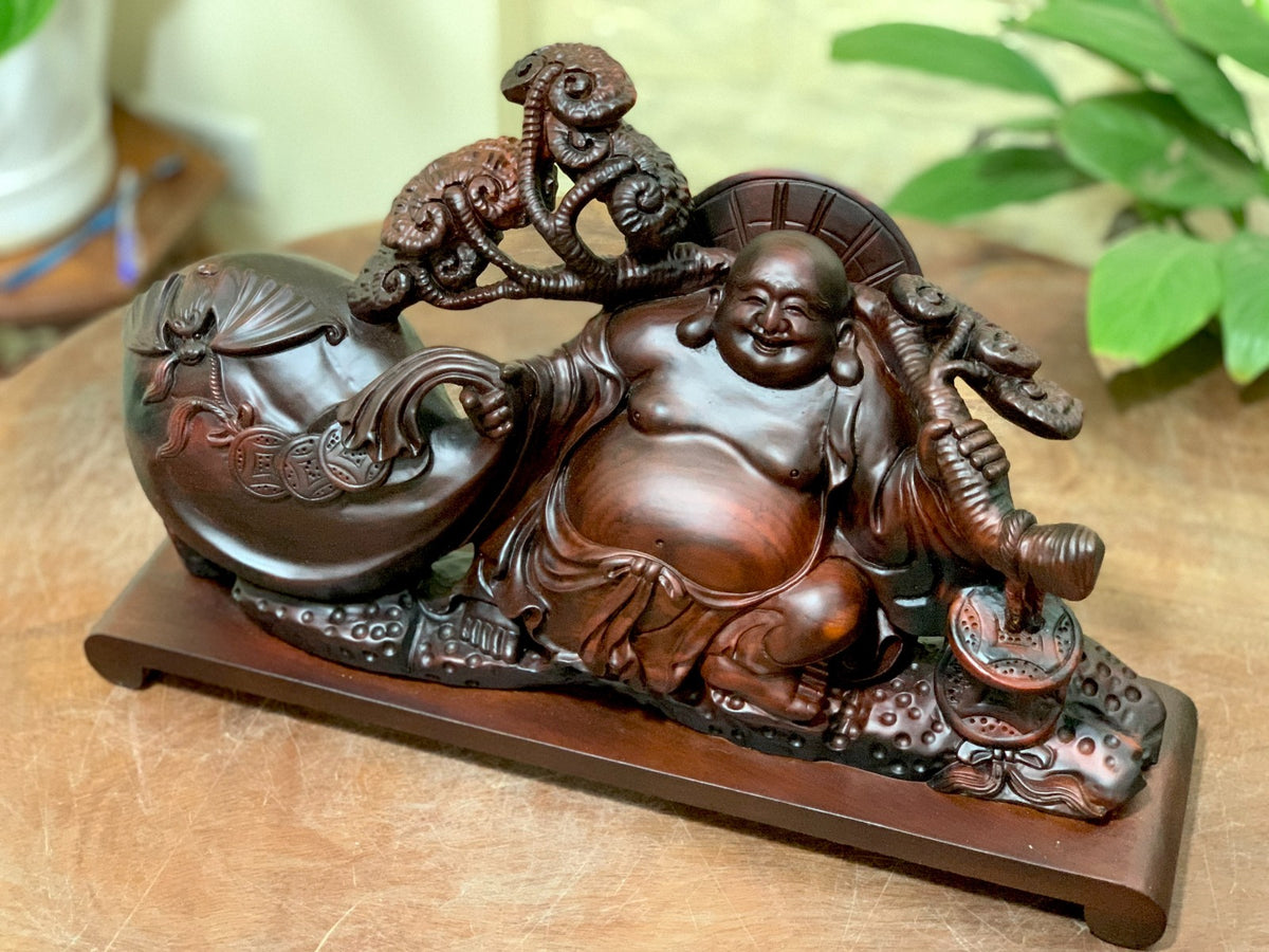 Di Lặc Kéo Bao Tiền Vác Cành Nấm Llinh Chi Ngàn Năm Gỗ Trắc