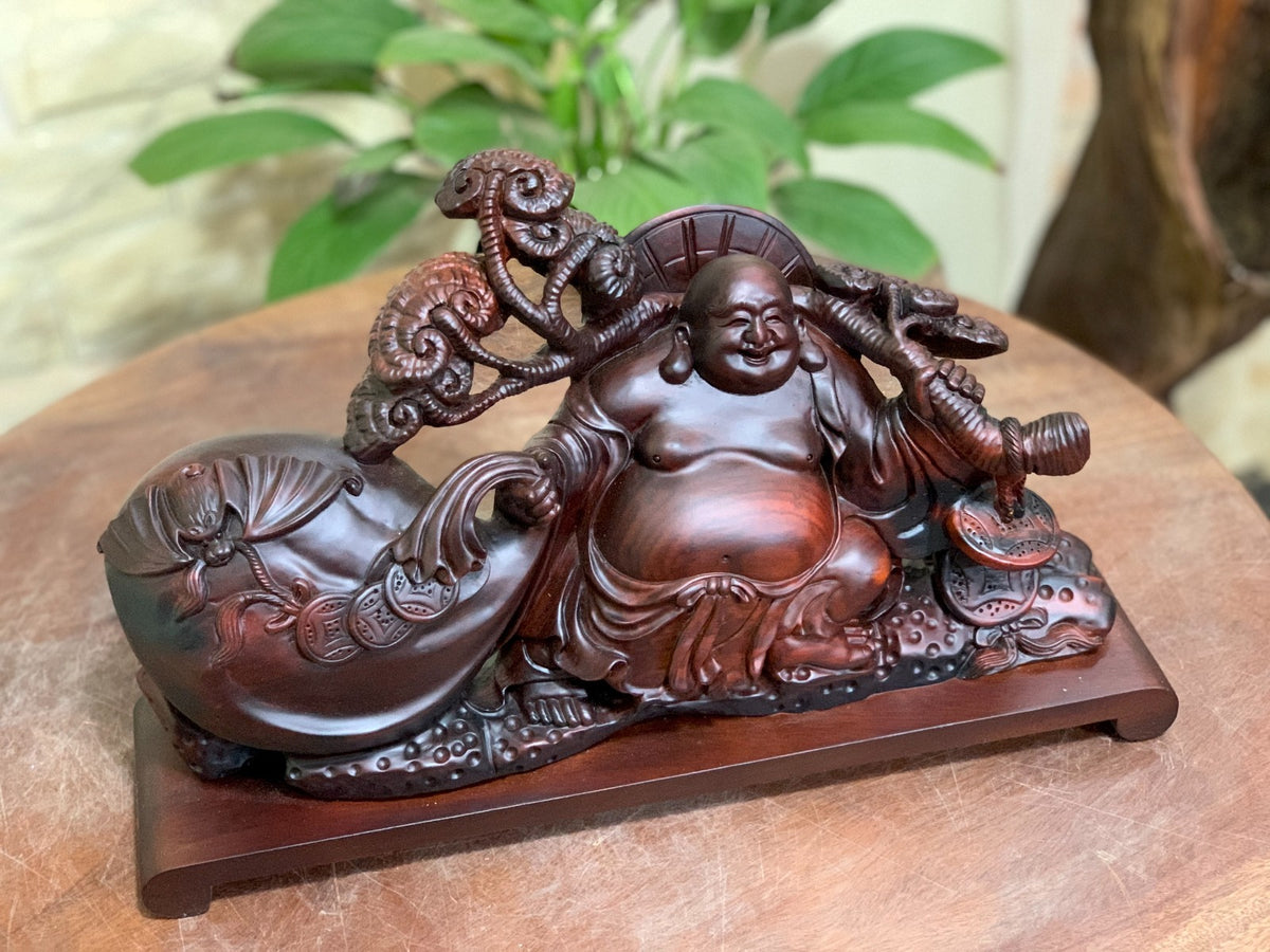 Di Lặc Kéo Bao Tiền Vác Cành Nấm Llinh Chi Ngàn Năm Gỗ Trắc