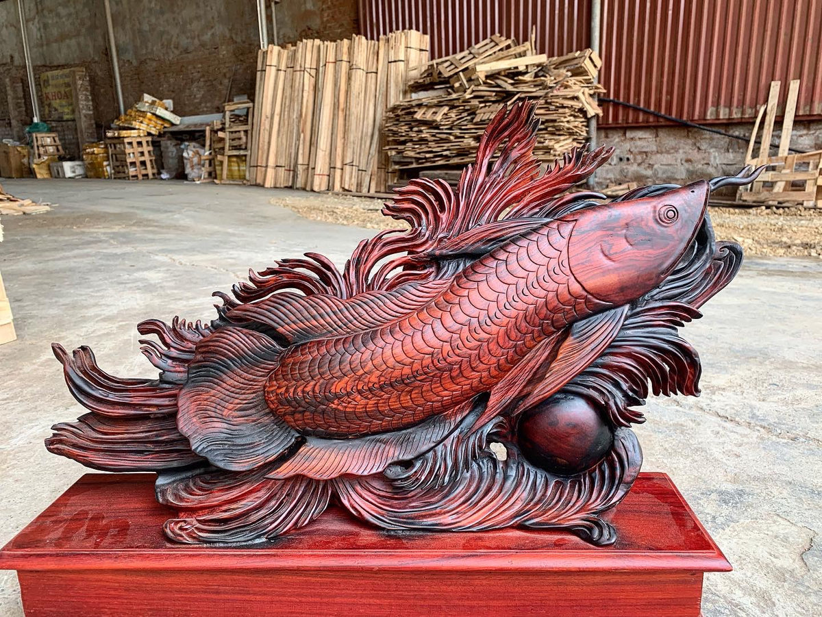 Tượng Gỗ Cá Rồng Kim Long Phong Thủy