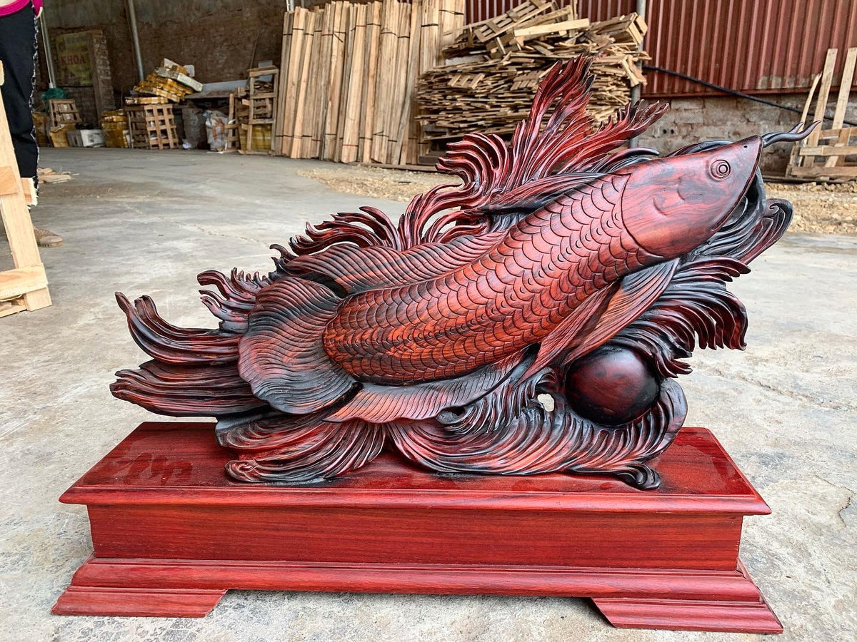 Tượng Gỗ Cá Rồng Kim Long Phong Thủy