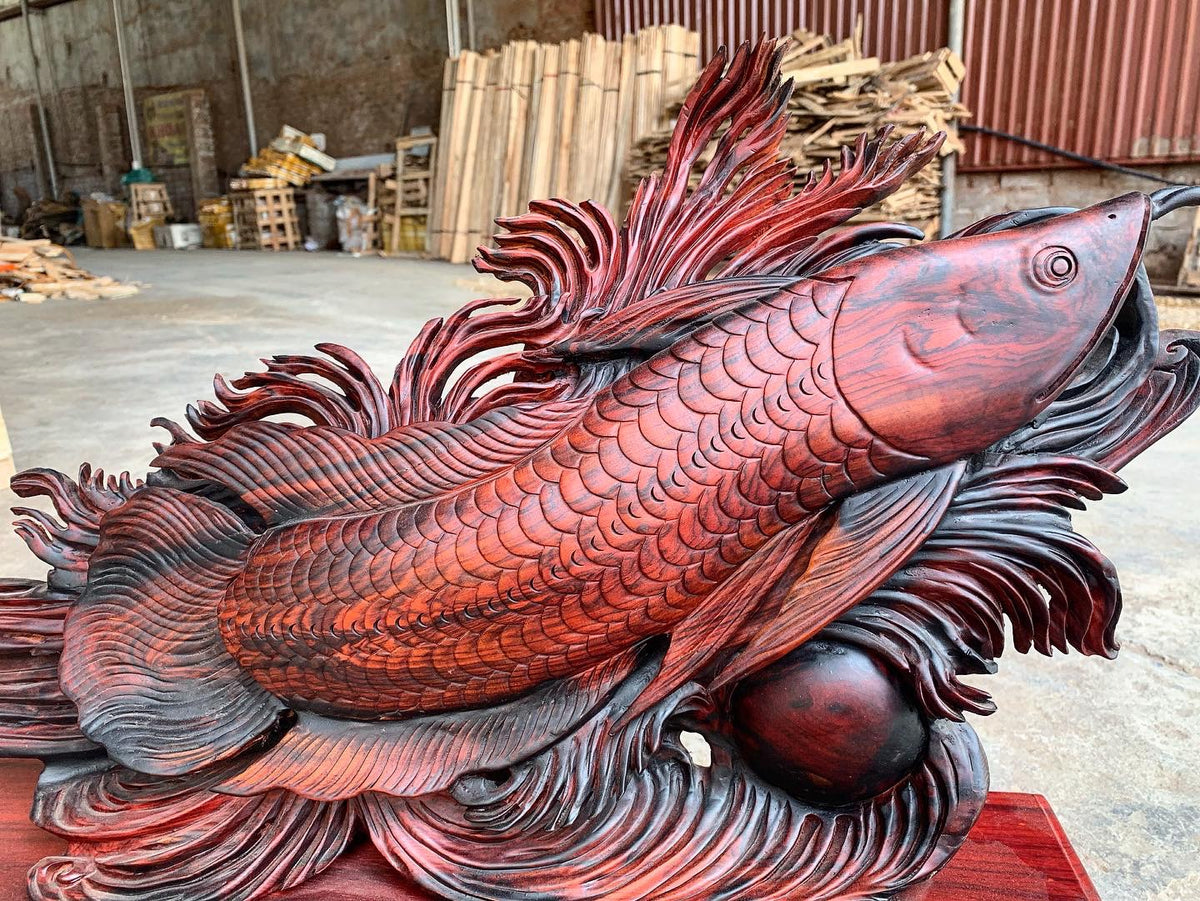 Tượng Gỗ Cá Rồng Kim Long Phong Thủy