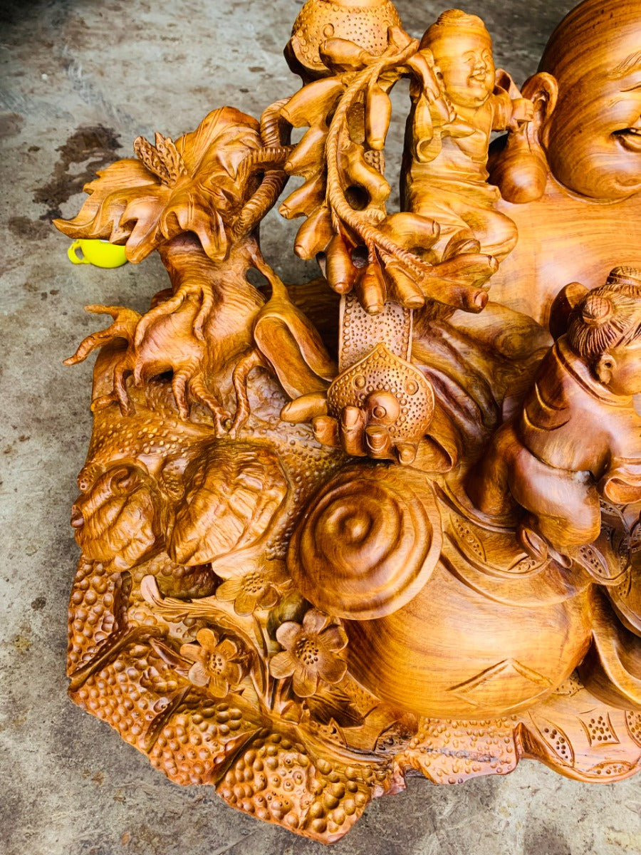 Di Lặc Ngồi Tài Lộc Ngũ Phúc Gỗ Hương Liền Khối