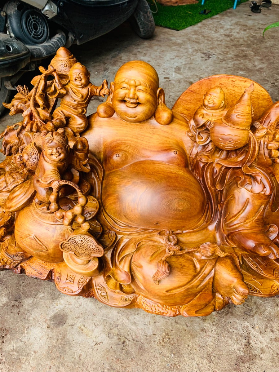 Di Lặc Ngồi Tài Lộc Ngũ Phúc Gỗ Hương Liền Khối