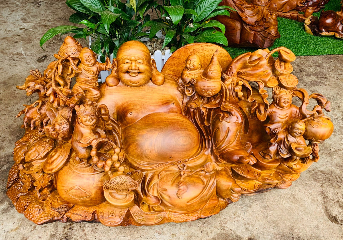 Di Lặc Ngồi Tài Lộc Ngũ Phúc Gỗ Hương Liền Khối