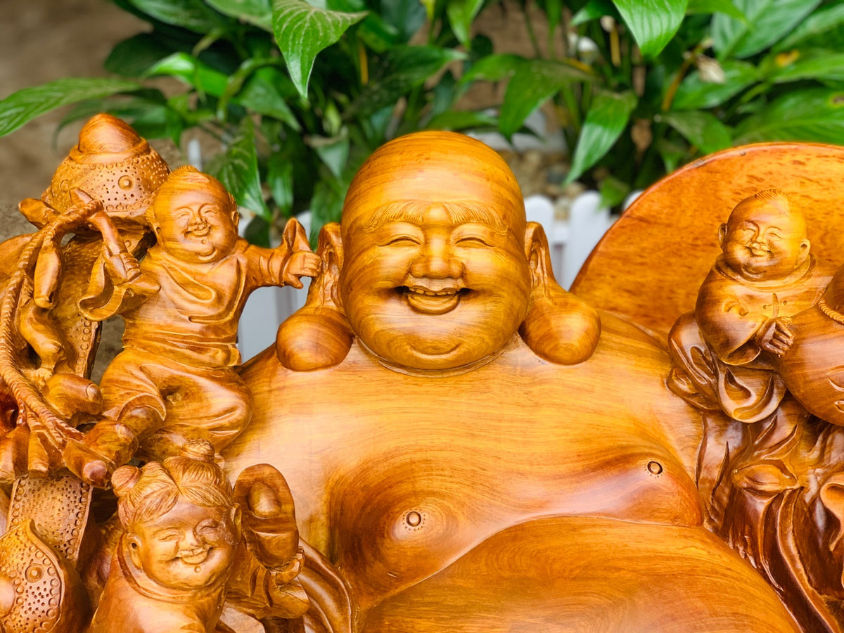 Di Lặc Ngồi Tài Lộc Ngũ Phúc Gỗ Hương Liền Khối