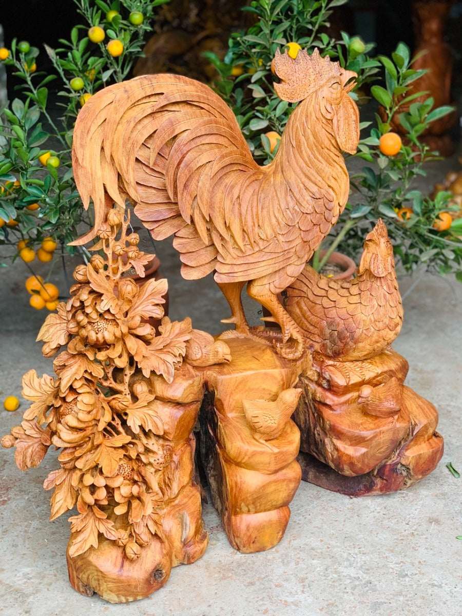 Tượng Gỗ Gia Đình Gà Gỗ Hương Ta Cao 75