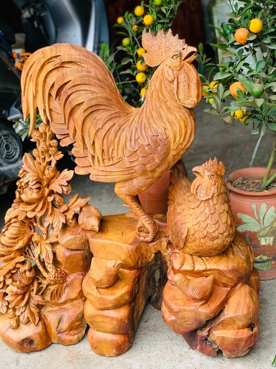 Tượng Gỗ Gia Đình Gà Gỗ Hương Ta Cao 75
