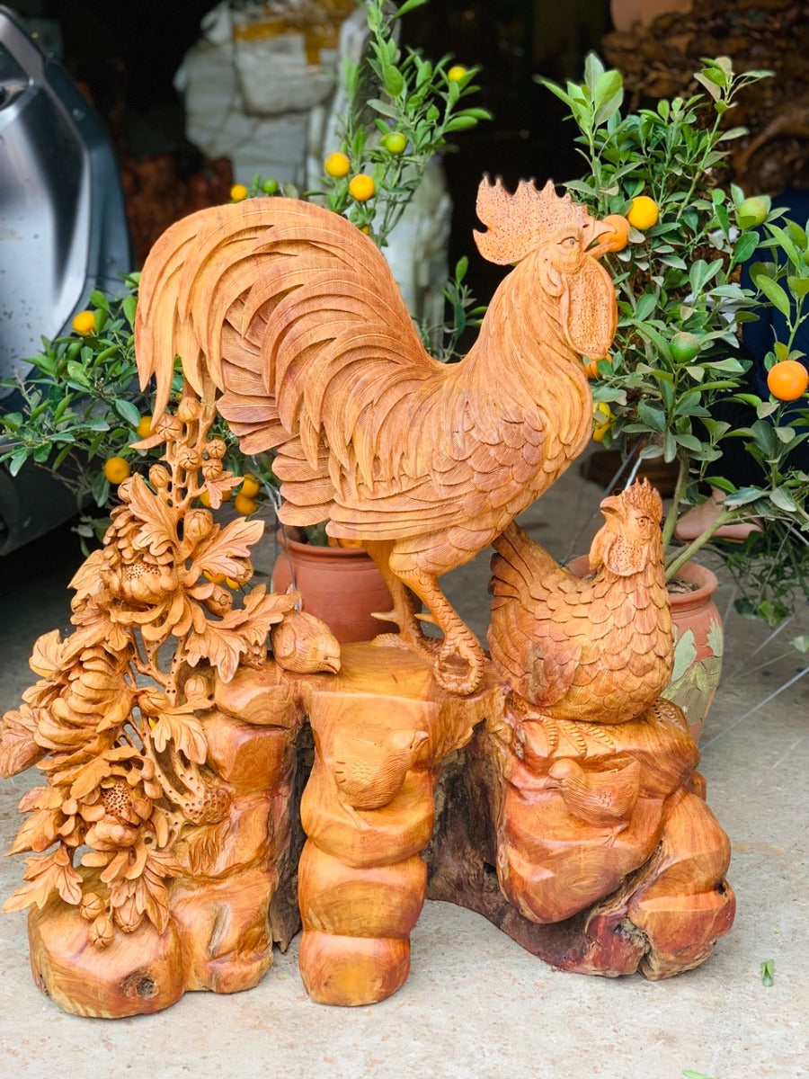 Tượng Gỗ Gia Đình Gà Gỗ Hương Ta Cao 75