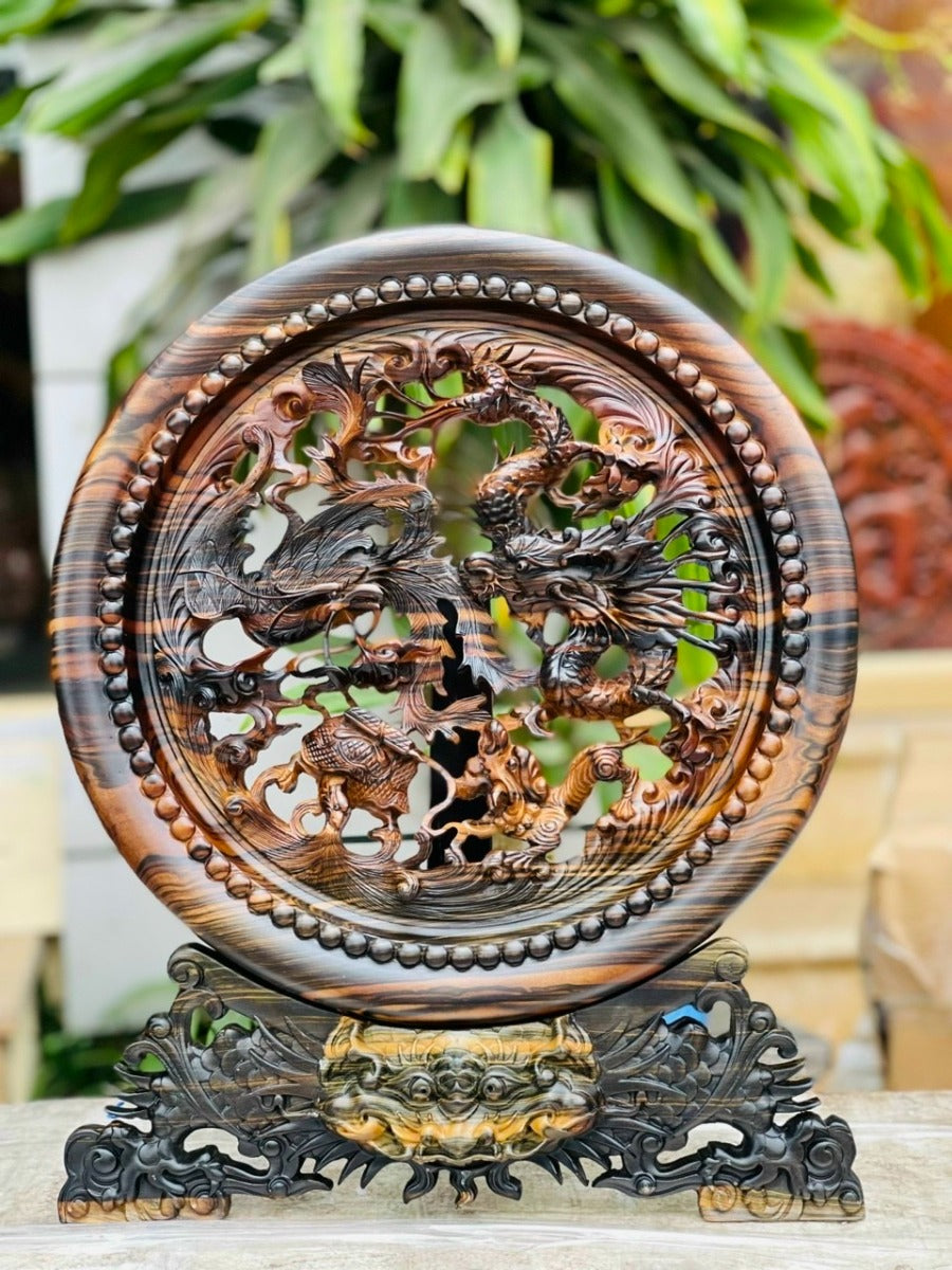 Đĩa Gỗ Tứ Linh Hội Tụ Gỗ Mun Đục Tay