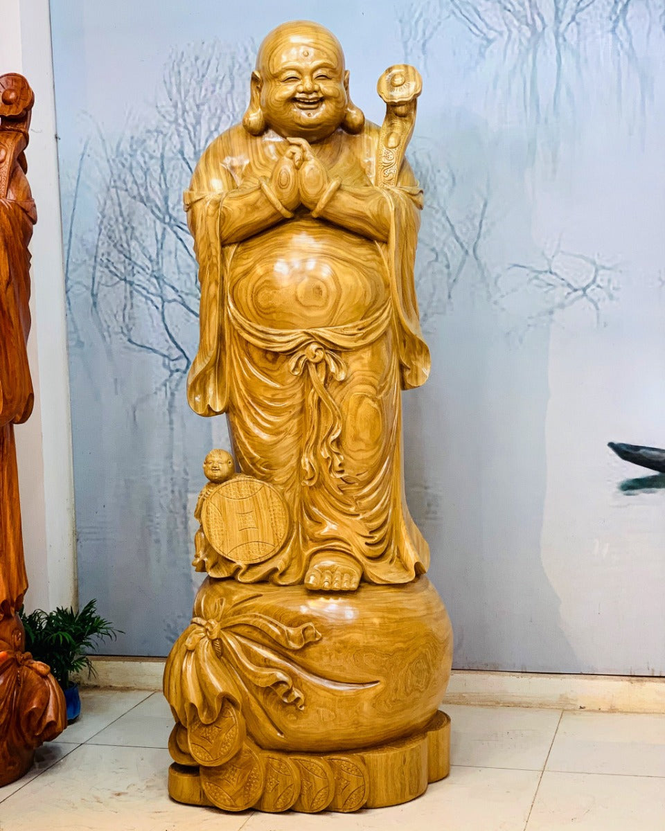 Di Lặc Chúc Phúc Phú Quý Gỗ Cẩm Vàng Cao 1m8